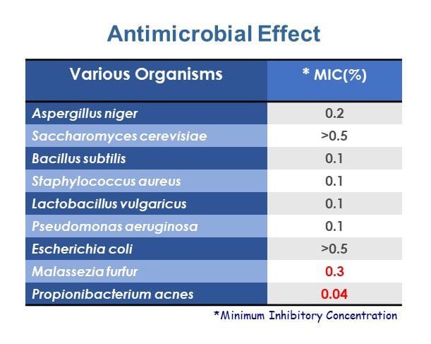 Antimicrobial Effect Table
Various Organisms
Aspergillus niger
Saccharomyces cerevisiae
Bacillus subtilis
Staphylococcus aureus
Lactobacillus vulgaricus
Pseudomonas aeruginosa
Escherichia coli
Malassezia furfur
Propionibacterium acnes
MIC(%)
0.2
 srcset=