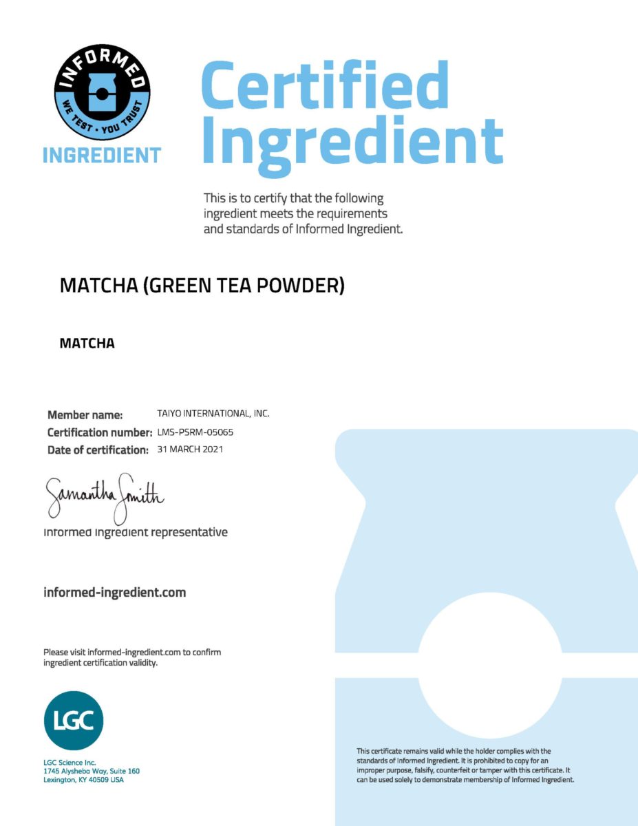 Matcha Green Tea Powder Informed Ingredient Certification - 2021