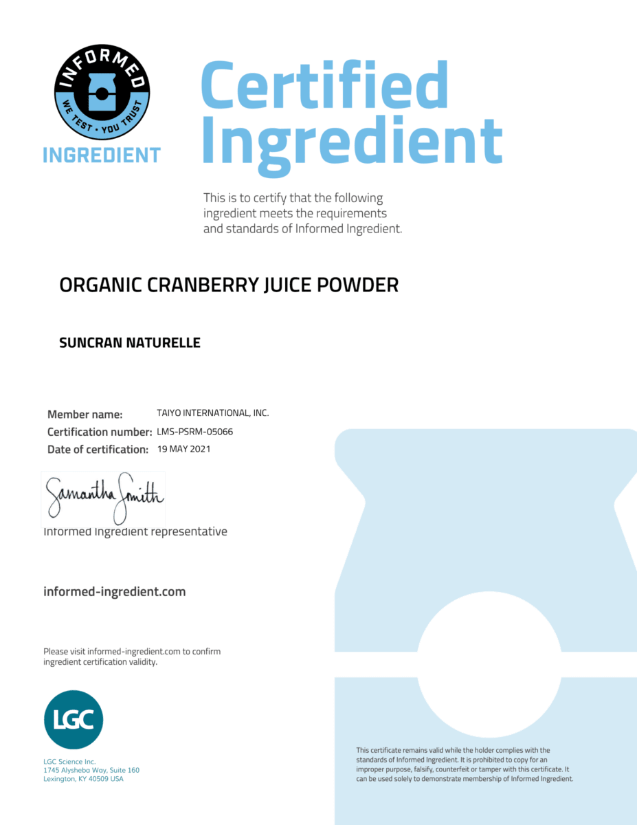 SunCran Informed Ingredient Certificate - 2021