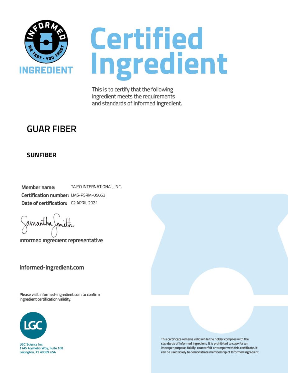 Sunfiber Informed Ingredient Certification - 2021