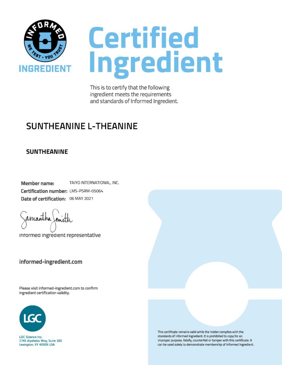Suntheanine Informed Ingredient Certification - 2021