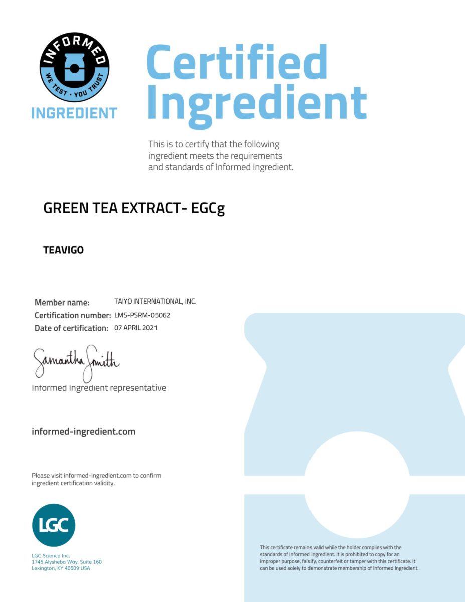Teavigo Informed Ingredient Certification - 2021
